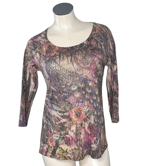 CHICO'S Multi-colored Floral Bird Sequins Embellished Top Size S - Picture 3 of 16